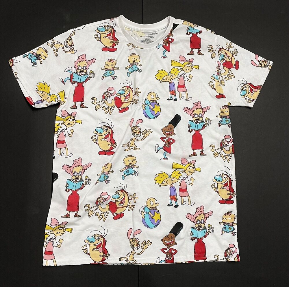 Nickelodeon Rugrats Ren & Stimpy All Over Print T-shirt Tee Mens Size M Medium